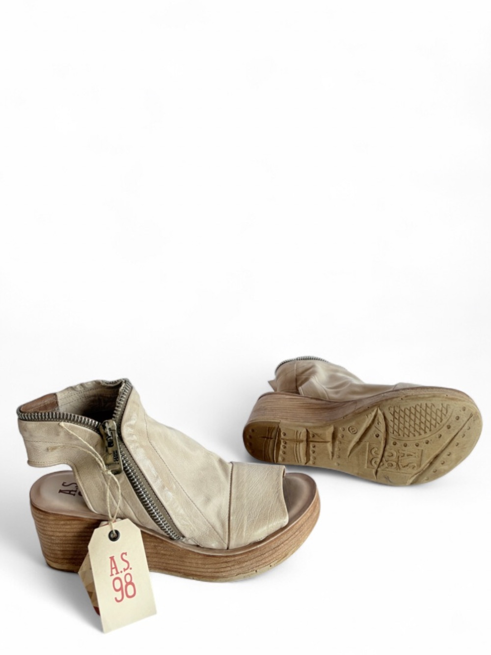 AS 98 Naylor Taupe Leather Peep-Toe Wedge Sandals with Side Zip - Picture 3 of 7